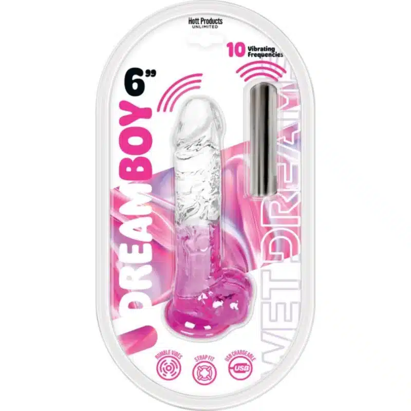 Hott Products Wet Dreams - Dream Boy - Jelly Dildo Clear/Magenta Gradient W/ Rechargeable Multi-Speed Bullet  6" 1025 vibrator