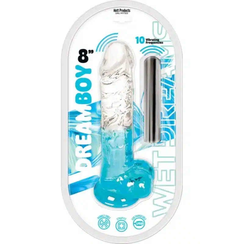Hott Products Wet Dreams - Dream Boy - Jelly Dildo Clear/Aqua Gradient W/ Rechargeable Multi-Speed Bullet 8" 1025 vibrator