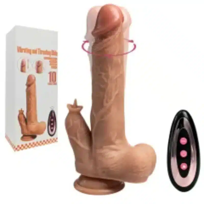 Light Brown Color 10 Functions Remote Control Silicone Rechargeable Vibrating and Thrusting Dildo with Vibrating Tongue 0426n