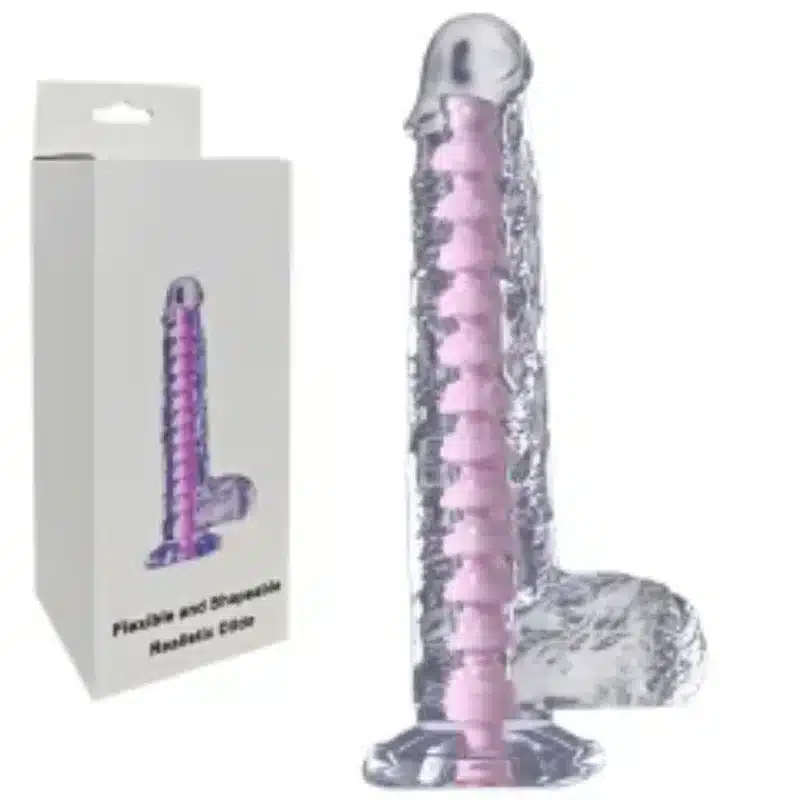 7.49'' Clear Crystal Realistic Dildo with Textured Pink Spiral Core and Suction Cup Base 0426n