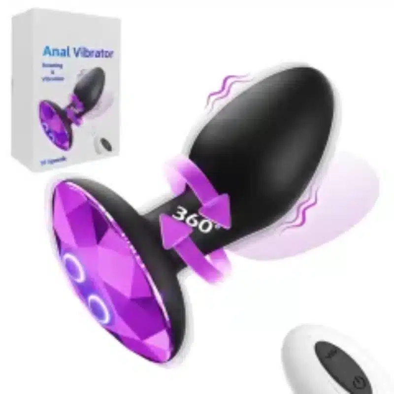 10-Speed Black Silicone Vibrating & Rotating Butt Plug with Remote Control and Purple Crystal Base 0426n