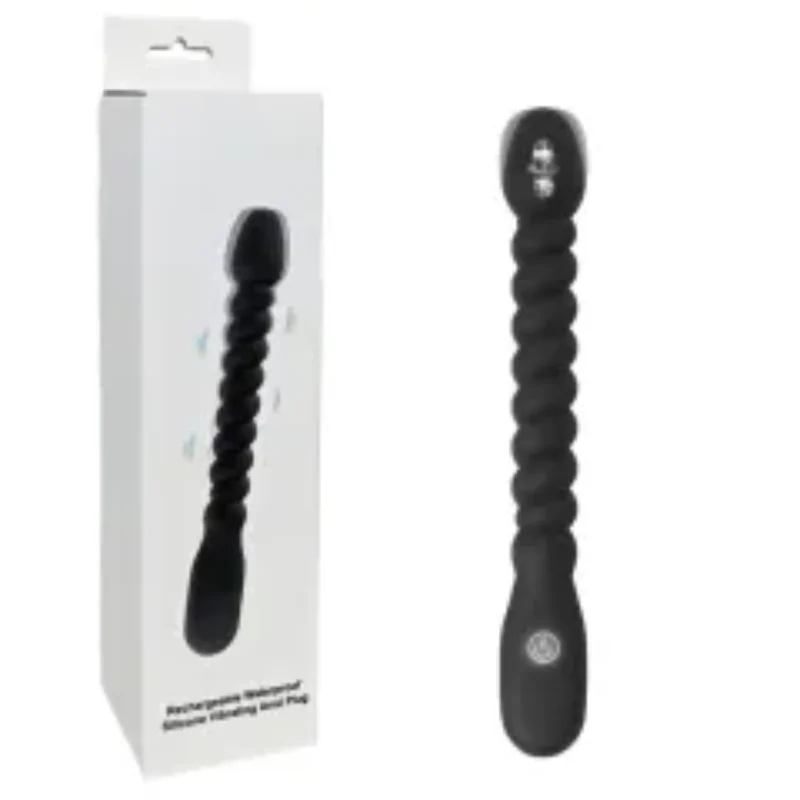 10-Mode Flexible Black Ribbed Rechargeable Waterproof Silicone Vibrating Anal Plug 0426n